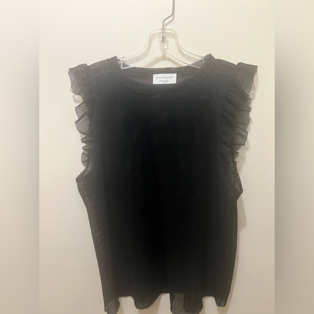 Black Mesh Flutter Sleeve Top